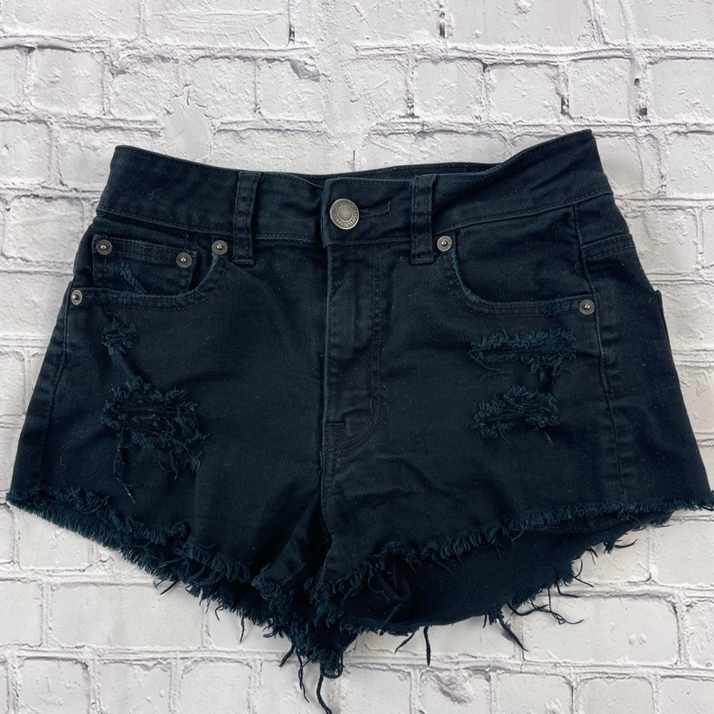 ✅ American Eagle Woman’s Black Distressed Hi Rise Festival Stretch Jean shorts 2